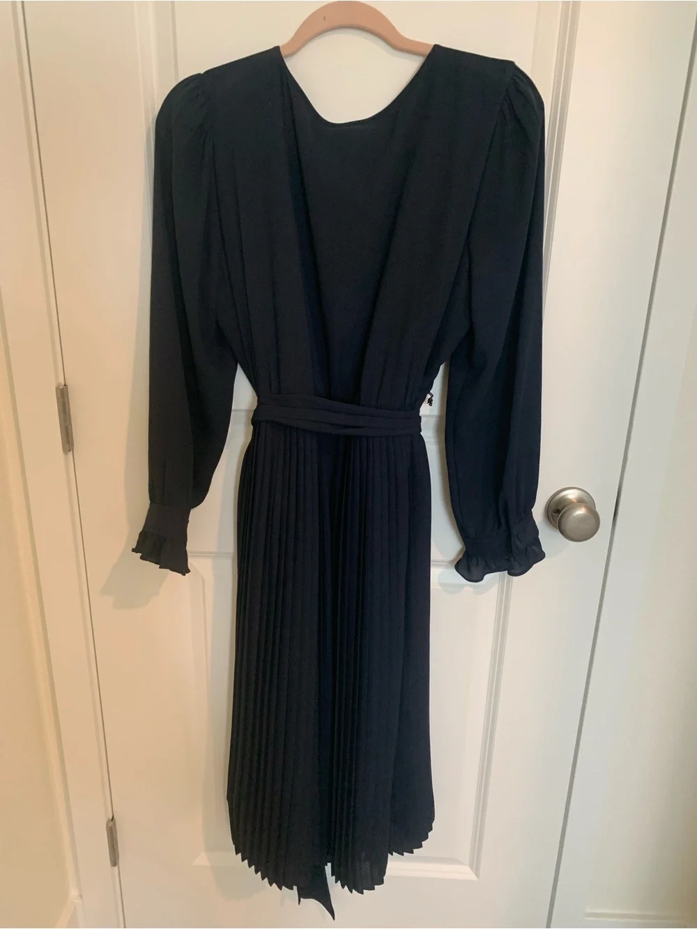 J. Crew Navy Pleated Long-Sleeve Midi Dress with Waist Tie